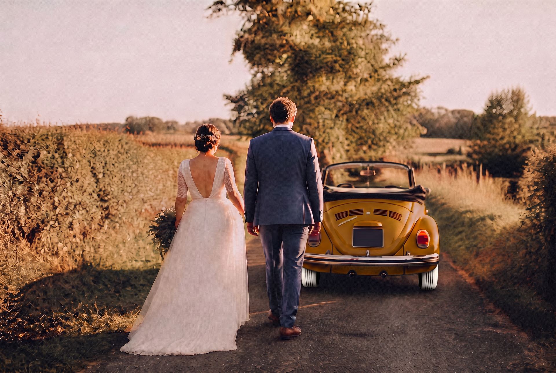 Mariés marchant vers leur Coccinelle cabriolet jaune moutarde (la Cox) de 1978, louée avec chauffeur pour leur mariage au Mans